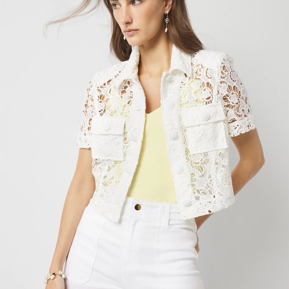 WHBM White Lace Short Sleeve Jacket